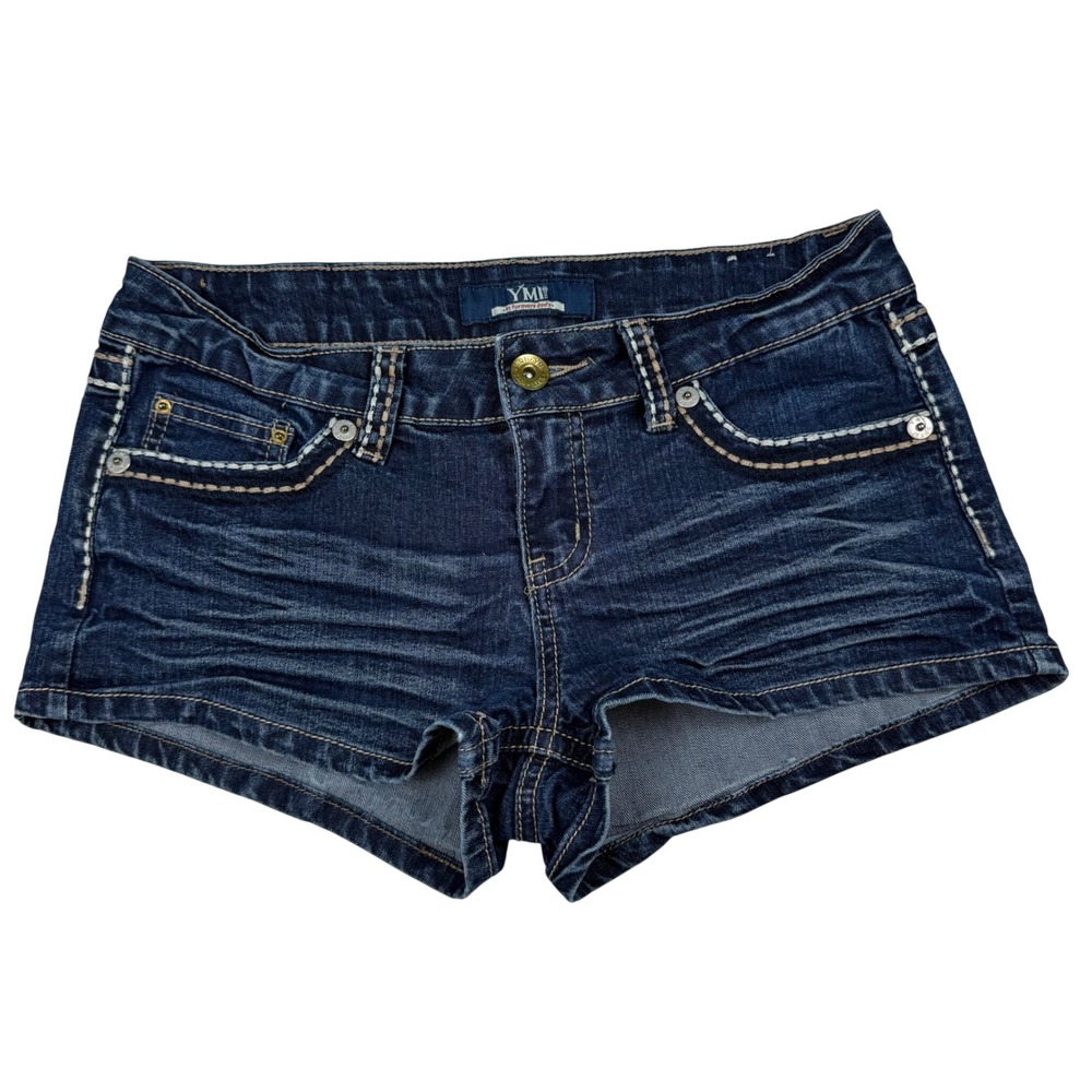 VTG Y2K YMI Jeans Ultra Low Rise Contrast Stitch Dark Denim Booty Shorts Size 3